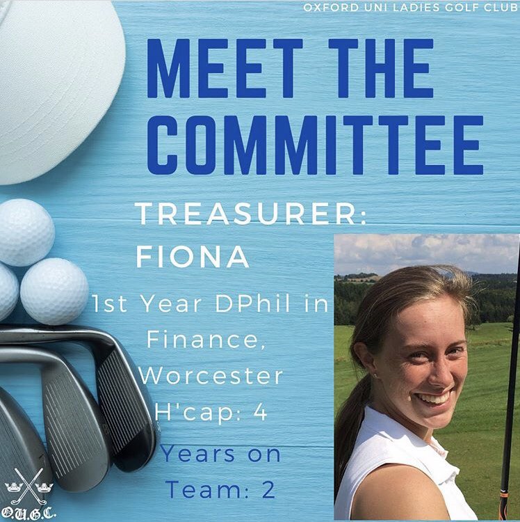 OULadiesGolf's tweet photo. Say hello to our lovely Treasurer - queen of spreadsheets and all things finance - Fiona! 

Treasurer: Fiona

1st Year DPhil in Finance at Worcester College

Handicap: 4

Years on Team: 2 

Famous for introducing the nickname “aunties” for all postgrad members of our team! 🙌😆 https://t.co/pGigeBAfuZ