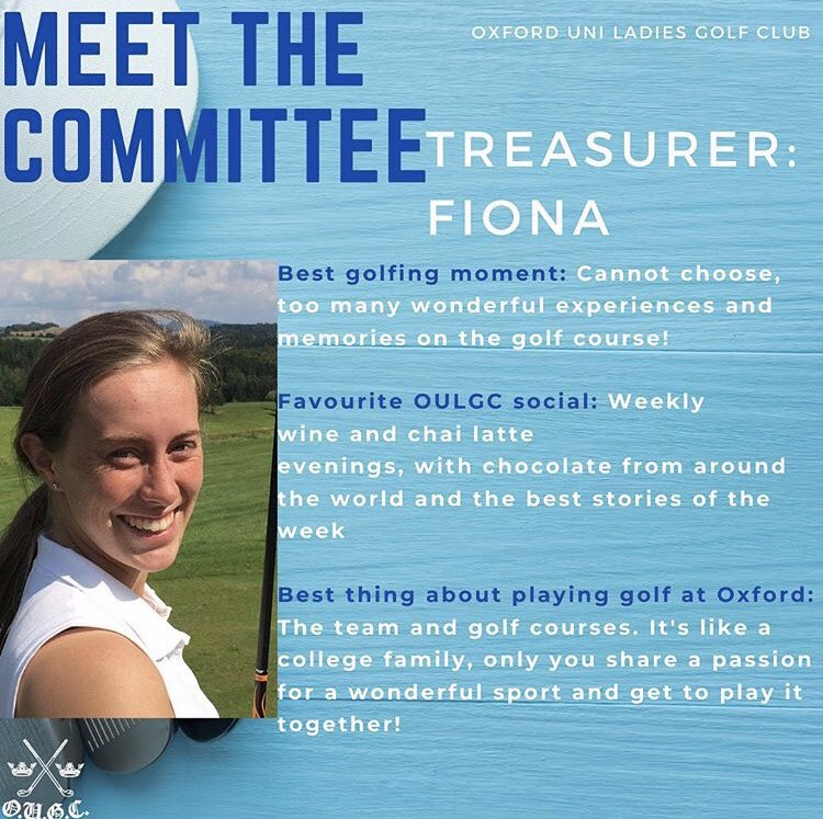 OULadiesGolf's tweet photo. Say hello to our lovely Treasurer - queen of spreadsheets and all things finance - Fiona! 

Treasurer: Fiona

1st Year DPhil in Finance at Worcester College

Handicap: 4

Years on Team: 2 

Famous for introducing the nickname “aunties” for all postgrad members of our team! 🙌😆 https://t.co/pGigeBAfuZ