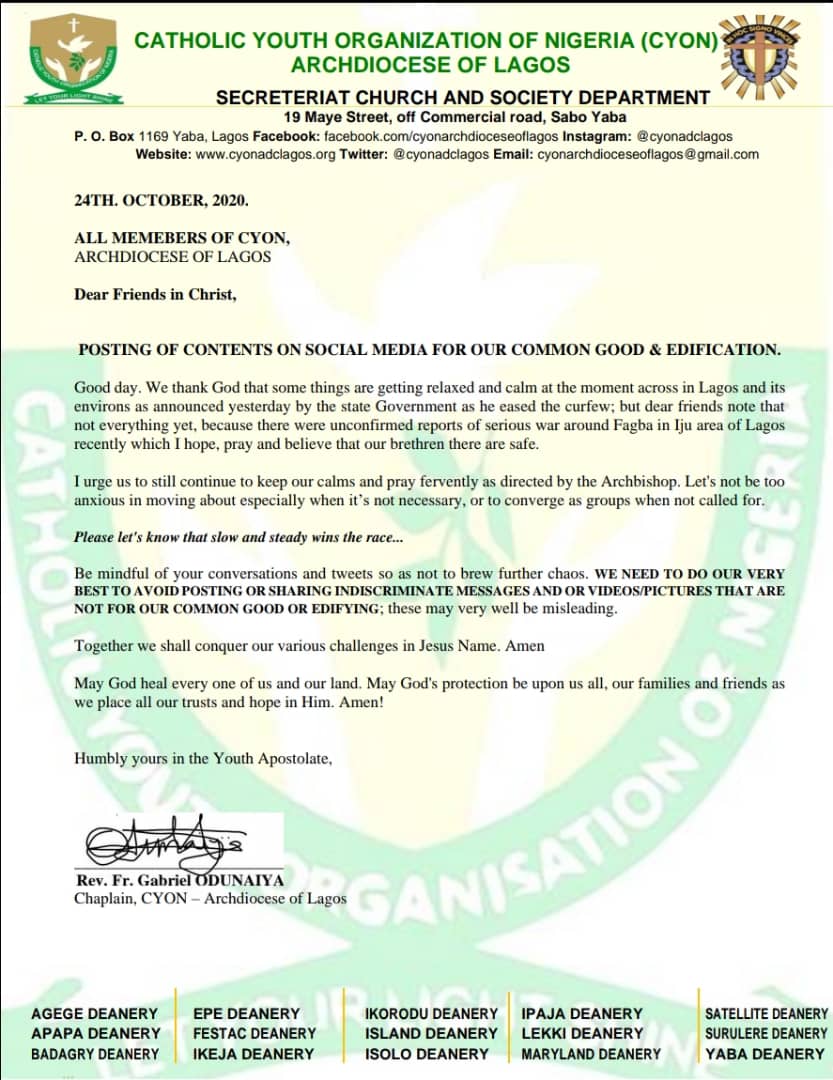 cyonadclagos's tweet photo. CONTENTS ON SOCIAL MEDIA FOR OUR EDIFICATION

Be mindful of tweets so as not to brew further chaos: 
Together we shall conquer our various challenges in Jesus Name. Amen

Humbly yours in the Youth Apostolate,

Fr. Gabriel Odunaiya
Chaplain, CYON – Archdiocese of Lagos https://t.co/v5CrmjgmCb
