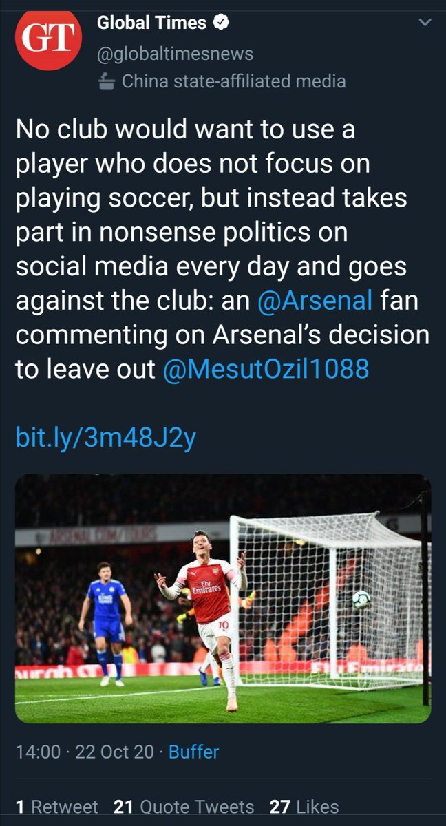 Ricy_Gooner's tweet photo. @md2588 @Arsenal China state media backs Arsenal to leave out the outspoken Ozil, make it clear that the commercial relationship in China is more important than our value of Justice and humanity, and most importantly, freedom of speech #EastTurkistan #UyghurGenocide https://t.co/diLYpEieAP