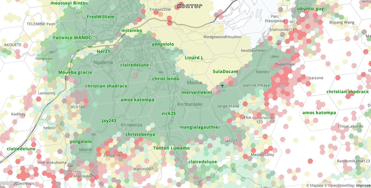 Swieta's tweet photo. @CEbenya @KAPAY_YONGOLOLO @BienvenuMuluba @kombi_jackson @ravilacoya @OSM_CD christebenya est déjà visible, sur une des villes à deviner ! La carte de https://t.co/Pme0mmJE1M affiche le nom du contributeur actif principal pour chaque hexagone en fonction du niveau de zoom (ici, Kinshasa) https://t.co/oTNcX4nkUp