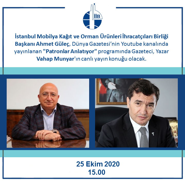 İstanbul Mobilya Kağıt ve Orman Ürünleri İhracatçıları Birliği Başkanı Ahmet Güleç, pazar günü saat 15.00’de, Dünya Gazetesi’nin Youtube kanalında yayınlanan "Patronlar Anlatıyor" programında Gazeteci, Yazar <a href="/VahapMunyar/">Vahap Munyar</a>'ın canlı yayın konuğu olacak. @gulecahmed @dunya_gazetesi
