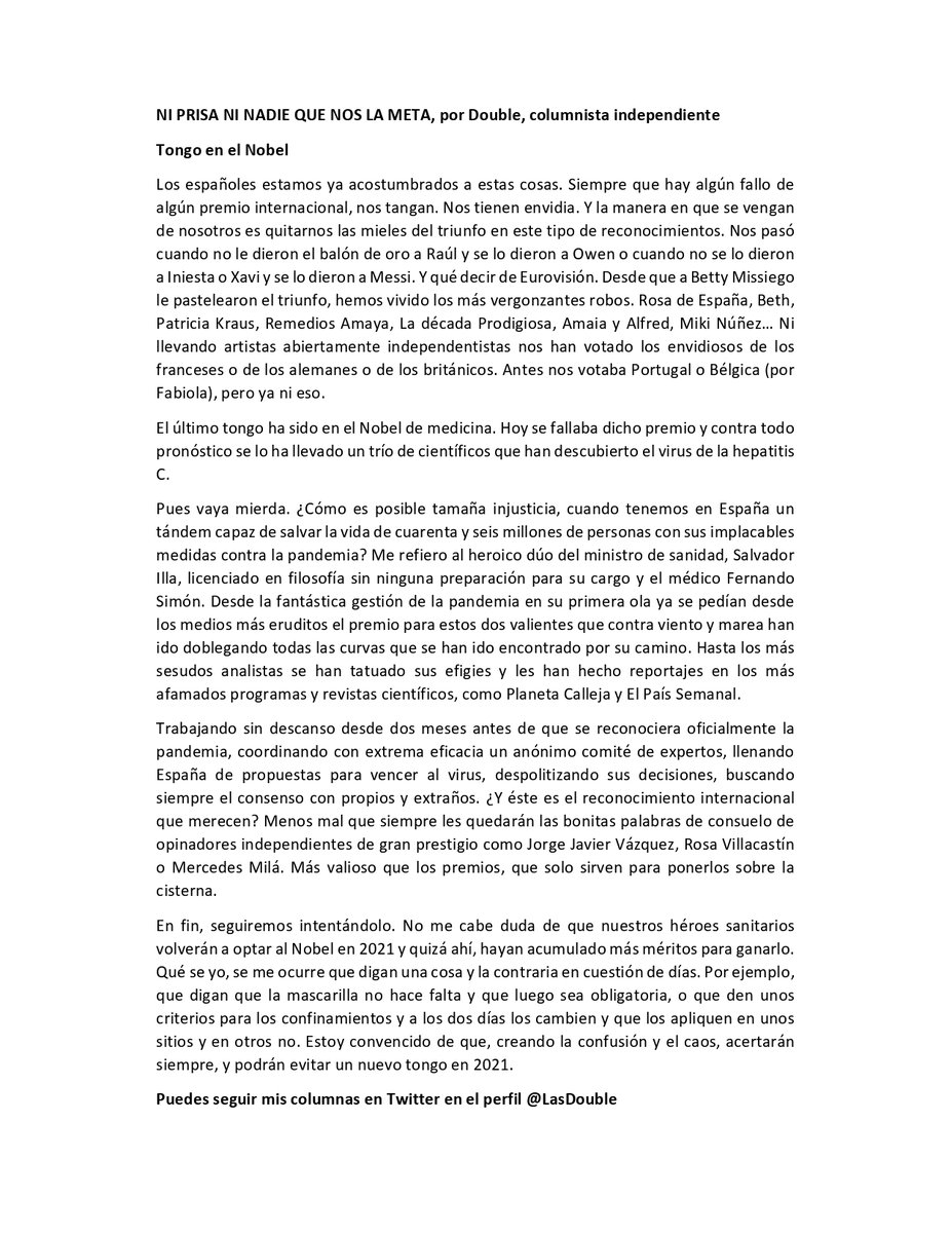 DOUBLE75208397's tweet photo. @gelanbolo Se merece el Nobel. Pero se lo han tangado. TONGO EN EL NOBEL. La columna del censurado @LasDouble y de su bipolar alter ego, @DOUBLE75208397 #FREEDOUBLE https://t.co/jo82p4IojH