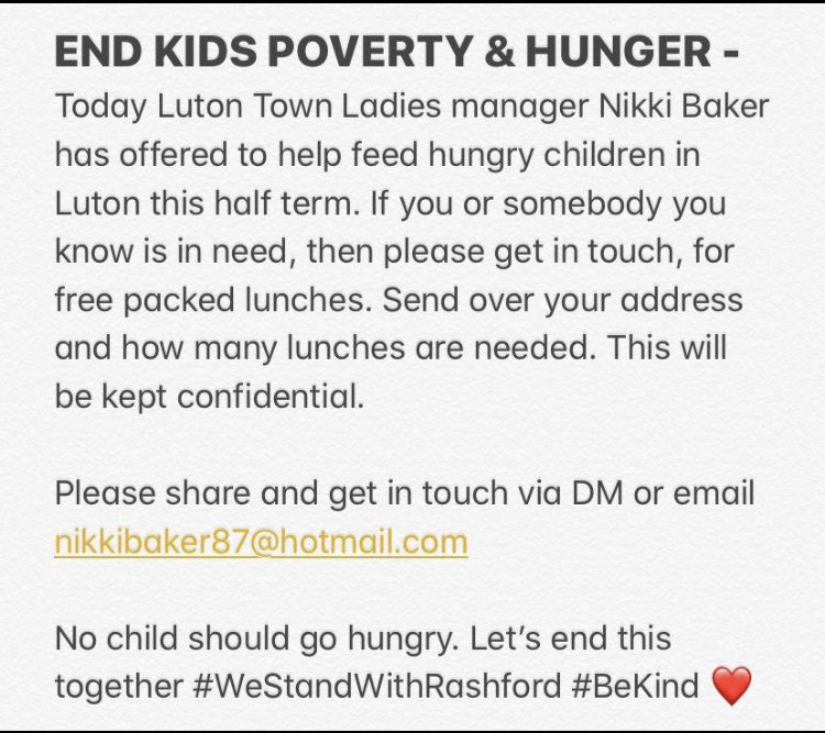 LutonTownLadies's tweet photo. #ENDCHILDFOODPOVERTY 
@MarcusRashford @LutonTown @lutoncouncil @LutonNews_LTFC @Sjluton @bakernix @LutonFoodbank 
Please share this far and wide, we want to reach as many people as possible. And if you want to help us... https://t.co/dHd1HvMRzN