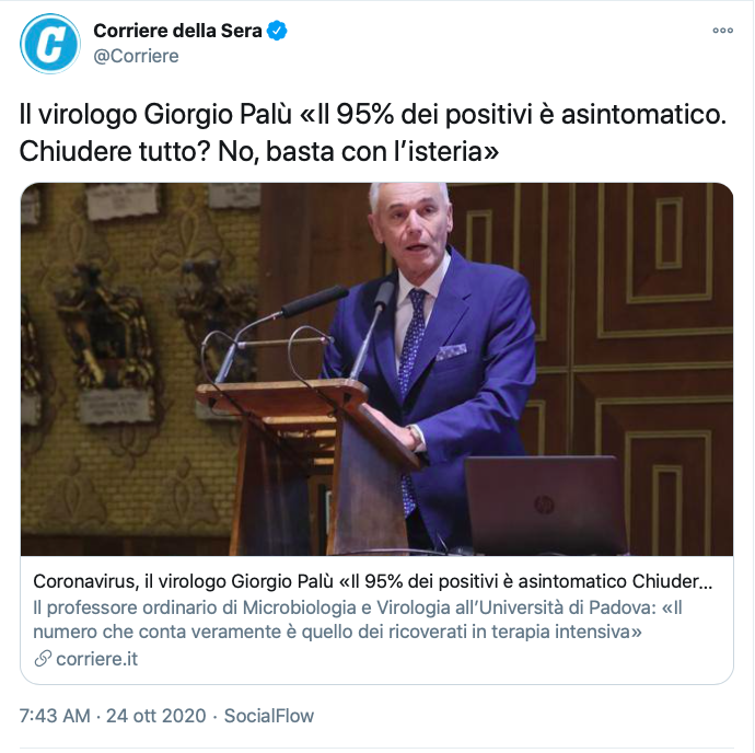 @Il_Vitruviano @Majakovsk73 @Qoso12 Tuttavia, colpisce che l'eminente virologo dica al CorSera «Il 95% dei positivi è asintomatico» mentre per il bollettino ISS gli asintomatici sono il 55%, i paucisintomatici il 17%, i lievi il 24% e i severi/critici il 4% (vedasi https://t.co/BNN5YqBY6V a p.19) https://t.co/ovR1jNhqjb