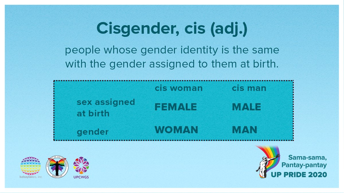 What is gender identity? What do we mean by cisgender and transgender?More info on transgender people:  https://twitter.com/upbabaylan/status/1196246573803376640?s=21 #UPPride2020 #SamaSamaPantayPantay #SOGIEEqualityNow