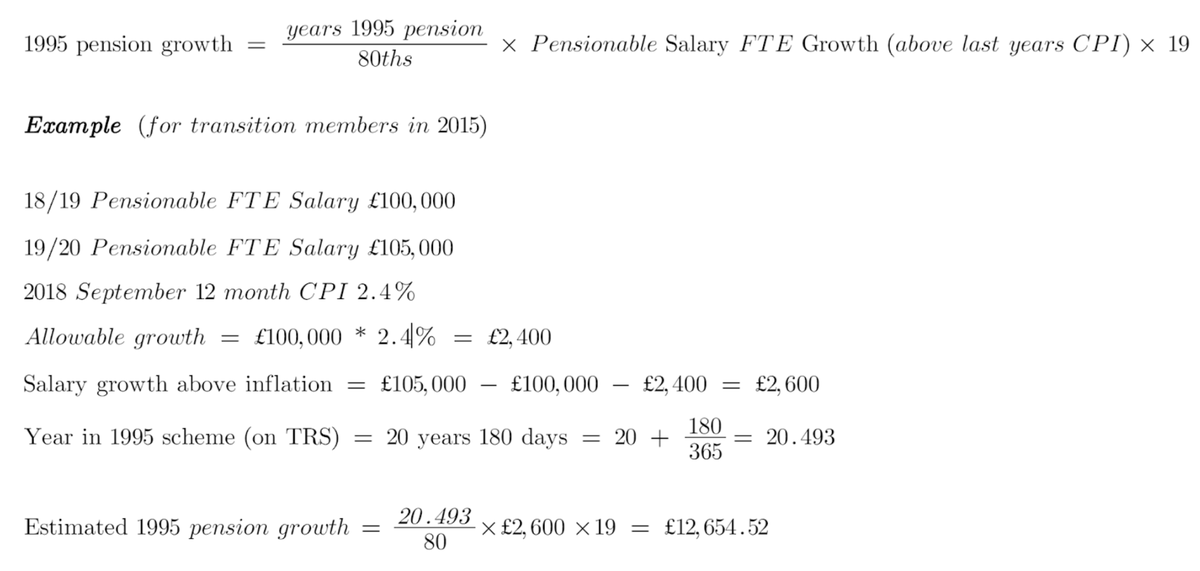 4/ So your best chance of spotting an error is knowing what your pension growth SHOULD be. The formula for doing this in 1995 and 2015 schemes for transition members is below. It's more complicated if you are in 2008, have full/tapered 1995 protection or added years.