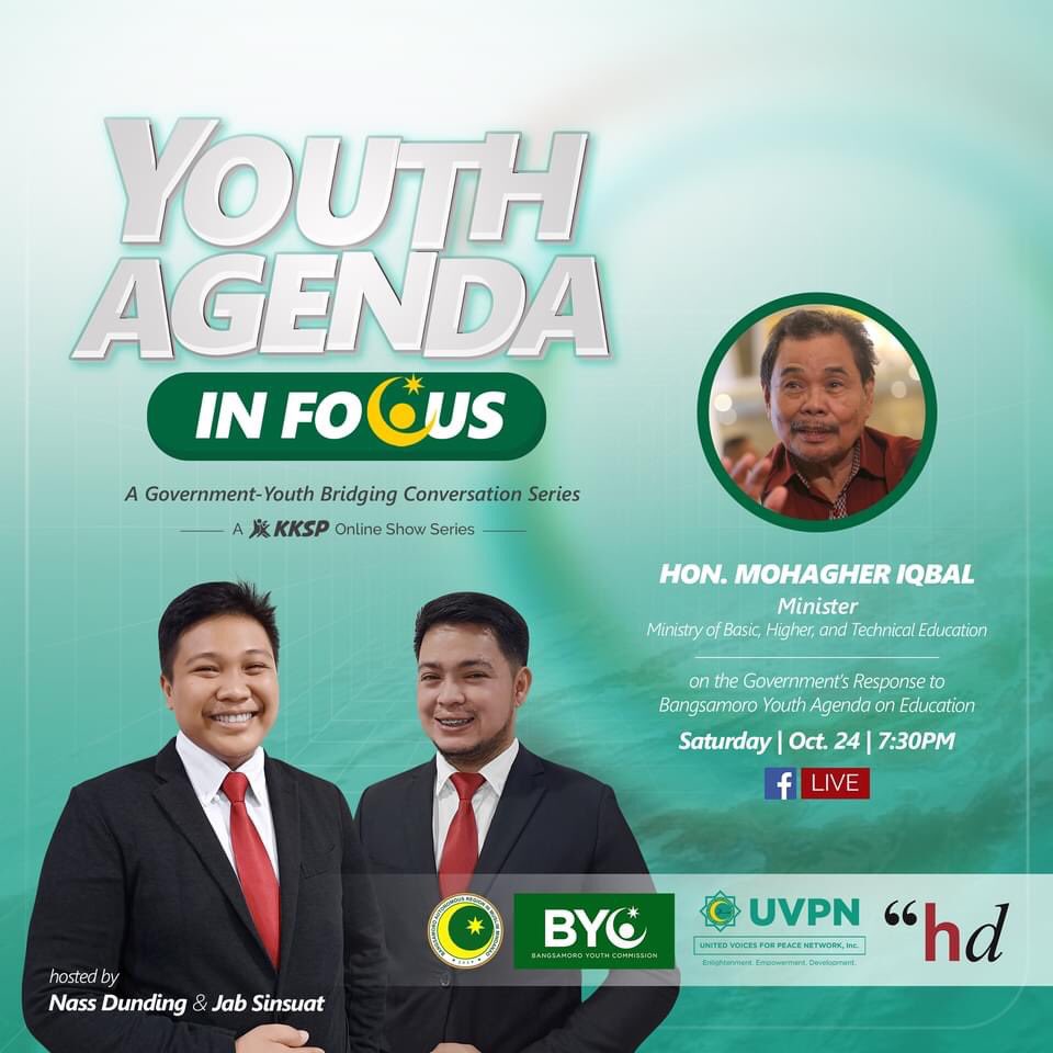 UVPNinc's tweet photo. TARA! NOOD TAYO MAMAYA! 🤩

Sama-sama tayo sa ating Pilot Episode kasama si MBHTE Minister Mohagher Iqbal para alamin ang mga tugon ng pamahalaang Bangsamoro sa Bangsamoro Youth Agenda patungkol sa edukasyon. 🌙🇭🇺

#KatuwangSaPagbabago #UVPN #BYC https://t.co/HS56EO6LJi