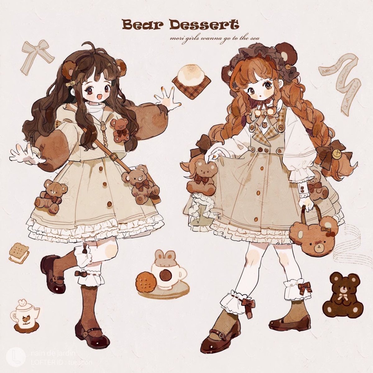 multiple girls 2girls teddy bear bear ears brown hair dress long hair  illustration images