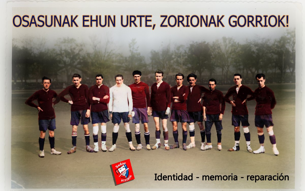 Felicidades con memoria.
Tras18 de julio del 36, la guerra y la dictadura . La represión, cárcel, exilio, asesinato, golpearon a personas ligadas a Osasuna. Después el largo olvido y el blanqueamiento de su historia. En este centenario, que llegue reconocimiento y la reparación.