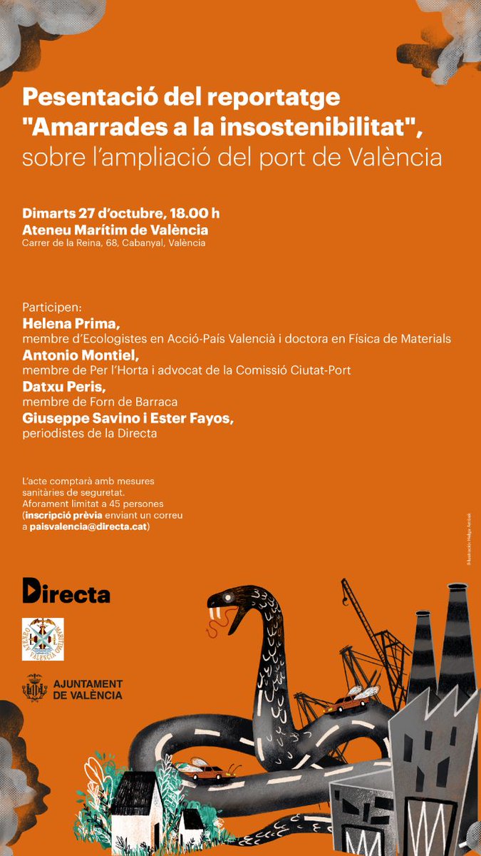 AmicsDelCarme's tweet photo. Voleu saber què passa amb l'ampliació del #PortdeValència?

Inscriu-te a: paisvalencia@directa.cat 

🗓️Dimarts 27 d'octubre
⏰18.00h
📍 Ateneu Marítim de València
Carrer de la Reina, 68. Cabanyal. https://t.co/n6TtSxYMTa