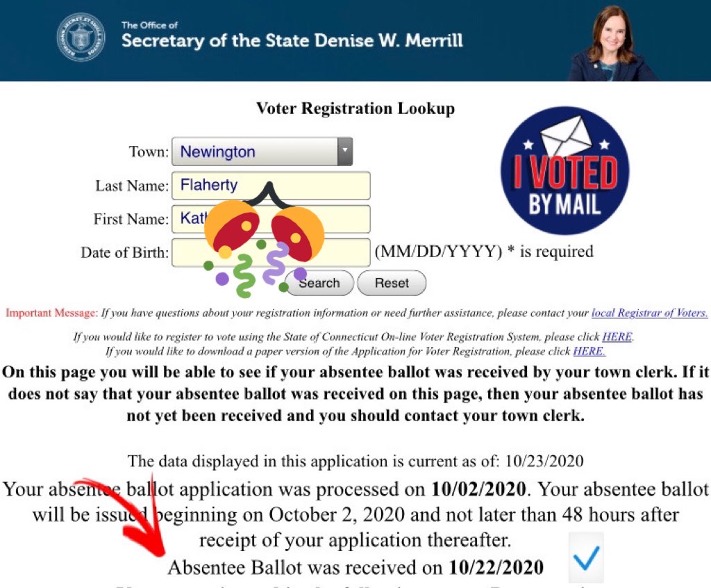 ConnConnection's tweet photo. Hurrah! #MyVotingPlan accomplished. If you’re in Connecticut and have requested and/or submitted an absentee ballot, you can check on its status at https://t.co/jDQeKNgW5r https://t.co/0HOojlXHYA