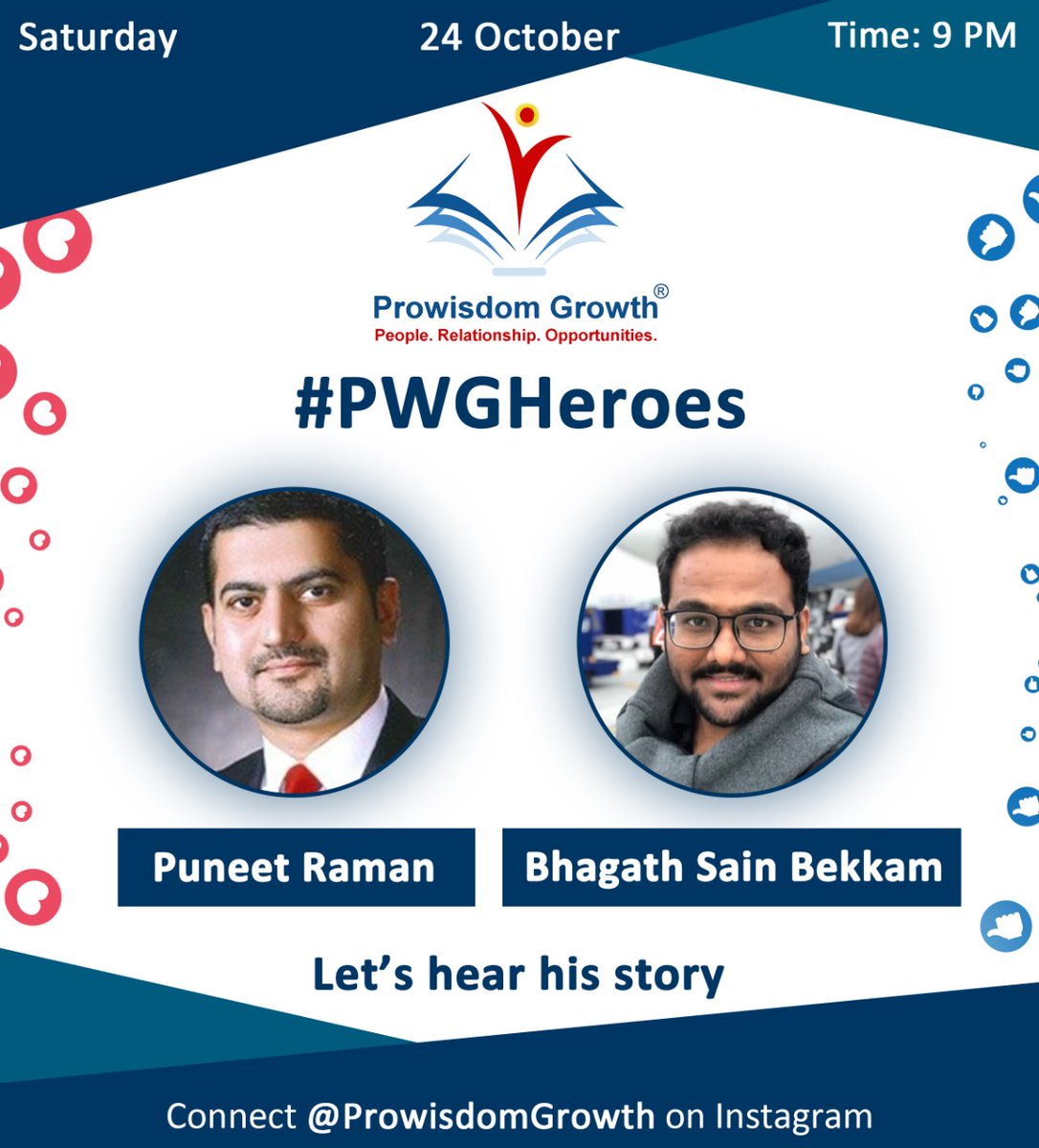ProwisdomG's tweet photo. #PWGHeroes

Bhagath Sain Bekkam is a skilled Consulting and Business Development professional.

Do join us tonight at 9pm on #Instagram as he interacts #live with Puneet Raman from our Team, to share about his journey and learnings.

#empower_youth #inspire #professional https://t.co/88PxpURjJy