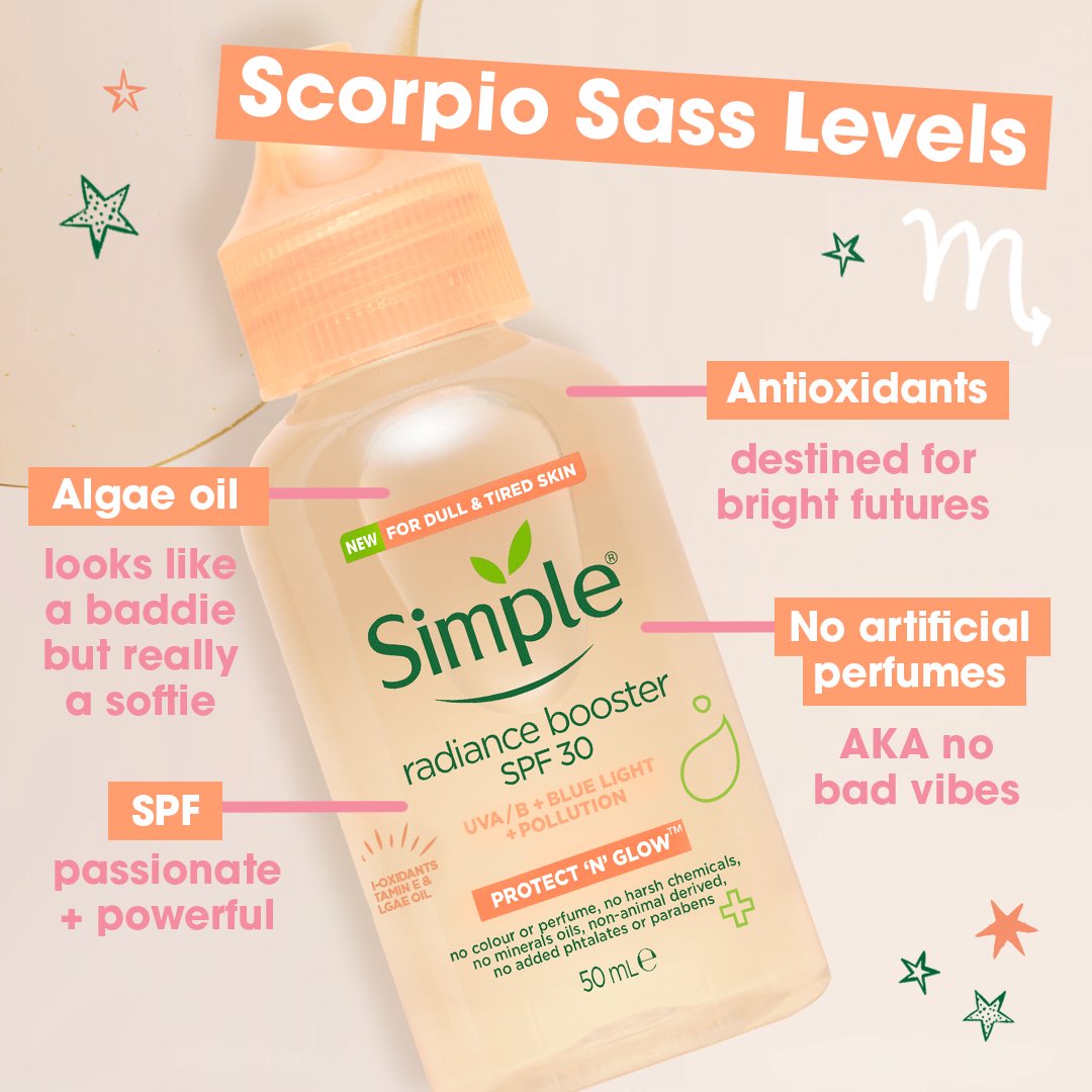 simpleskin's tweet photo. Shout out to the Scorpio squad keepin’ it real out there ✌️ Drop a 🙌 if you relate to our Radiance Booster?
#KindtoPeople #astrology #scorpiomeme #astrologypost #scorpioszn https://t.co/CdGBs9X3Ul