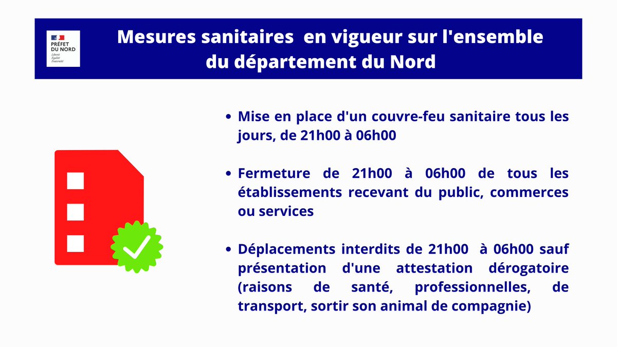 🔴⚠️#Covid19 #CouvreFeu sanitaire sur le département du #Nord tous les jours de 21h à 06h00. Seuls les déplacements faisant l’objet d’une dérogation sont autorisés.
L’attestation de déplacement dérogatoire est disponible sous différents formats : https://t.co/AOpBrF2s6W https://t.co/CJ1Yn4NyhU