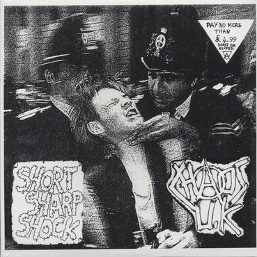 The Art of Album Covers .Stop the City - an Anti-Economic demo to bring the City of London to a halt, Thursday 29th September 1983."I caught this PC strangling a protester. It was that sort of day" - David Hoffman.Used by Chaos UK on Short Sharp Shock, released 1984