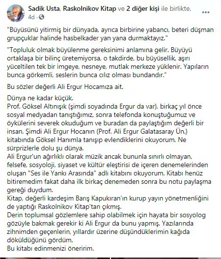 Değerli ağabeyimiz <a href="/sadik0707/">Sadık Usta</a> Sadık Usta,  Ali Ergur Bey'in Raskolnikov Kitap'tan çıkan Ses ile Yankı Arasında adlı kitabı ile ilgili düşüncelerini paylaşmış🙏