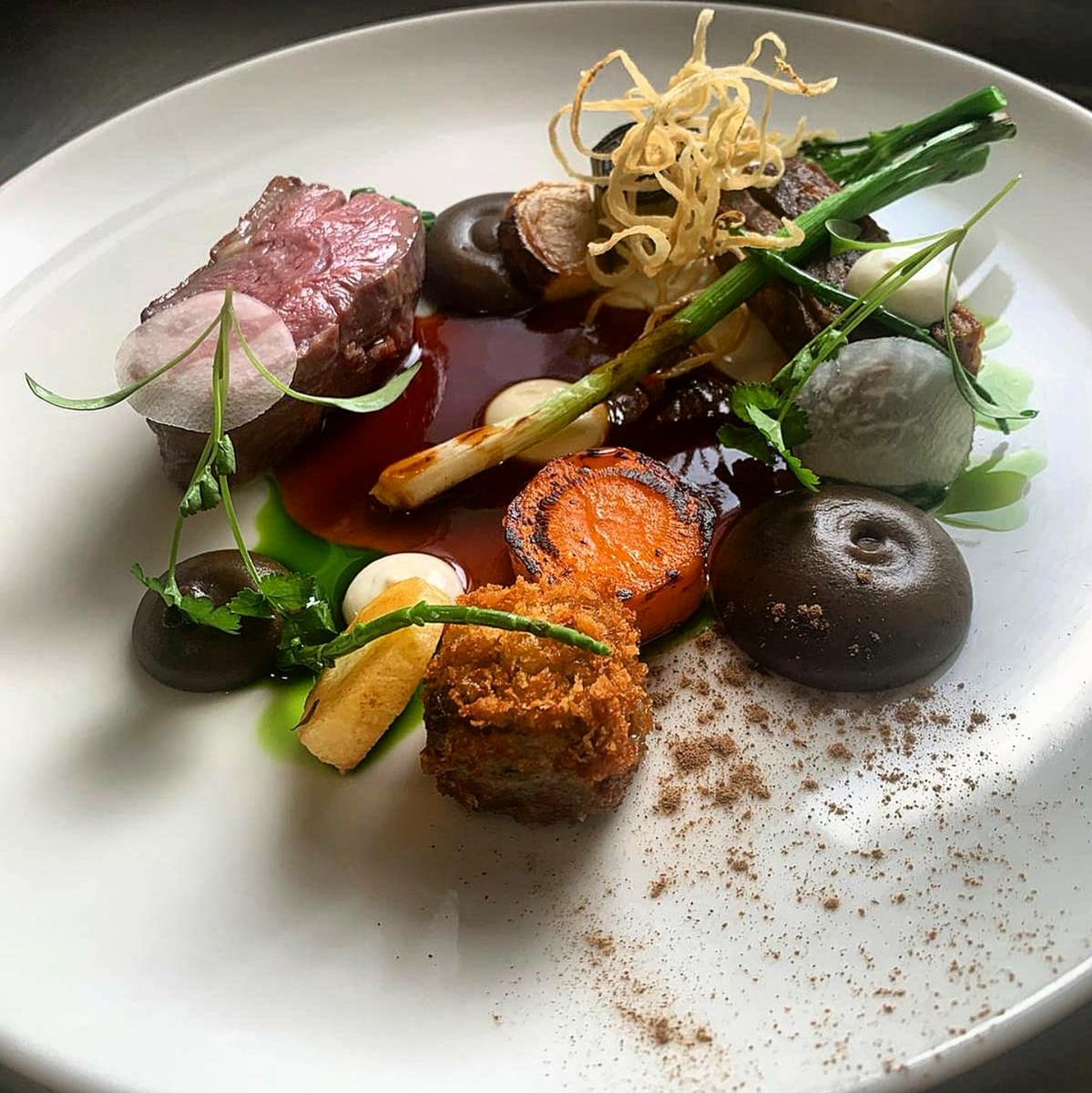 Roasted Lamb Rump, slow cooked lamb belly and minted crispy shoulder, aubergine, anchovy mayonnaise &amp; lamb jus <a href="/BranchesNCL/">Branches Restaurant</a>