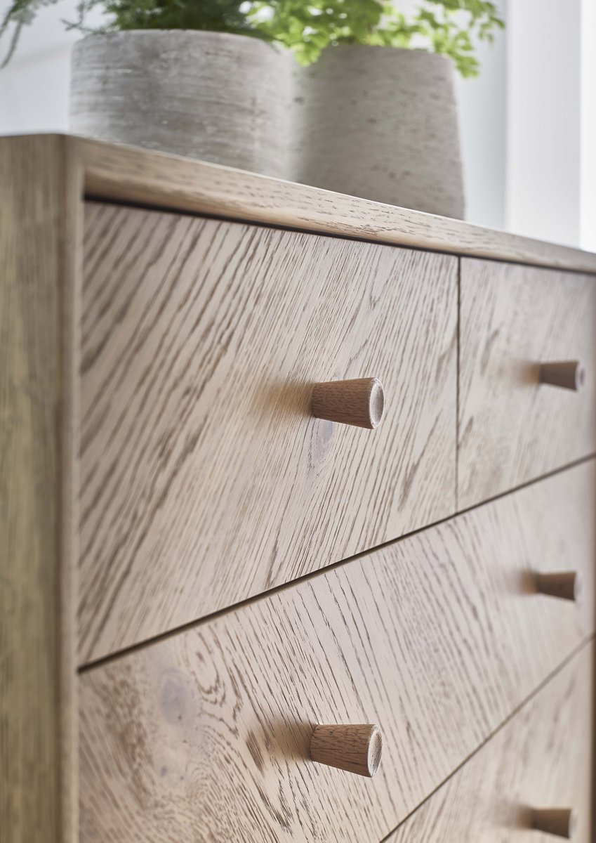 The Monza 6 drawer tall wide chest is a practical and well designed chest of drawers. It's constructed with mitred joints and an undercut detail which updates this mid century feature by framing the chevron drawer fronts Explore the Monza Bedroom range at ercol.com/en-gb/collecti…