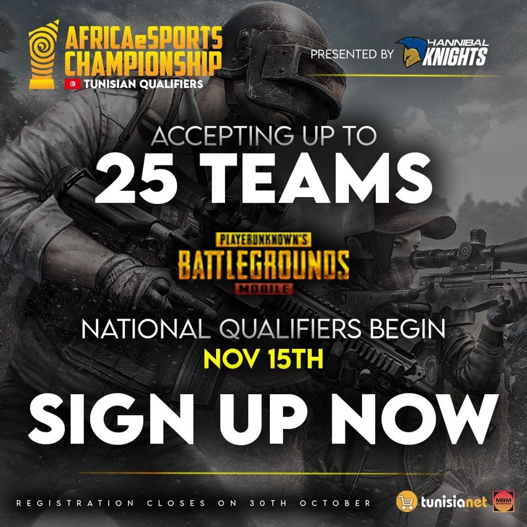 EsportsAfreeca's tweet image. There are only 25 slots available for #Tunisie Qualifies for #PUBGMOBILE. So make sure you are not left behind before the contest even starts.
#Africa #eSports #mobilegaming
@HannibalKnights @AEC_KE @AEC_ZW @madagascar_e @ifeakintaju @KOTGeSports @PUBGMOBILE