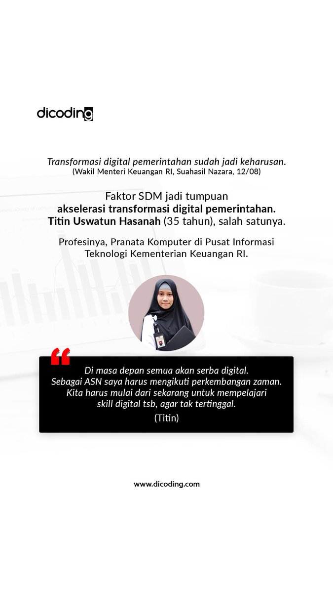 dicoding's tweet image. Tanggung jawabnya di era pandemi kian meninggi. Ia bantu mempercepat transformasi digital di tubuh Kemenkeu RI
Untuk itu, upgrade skill diri bukan lagi pilihan, melainkan keharusan
Ia pun lulus dari beberapa kelas #dicodingacademy & aktif belajar dari #dicodingevent
(2/3)