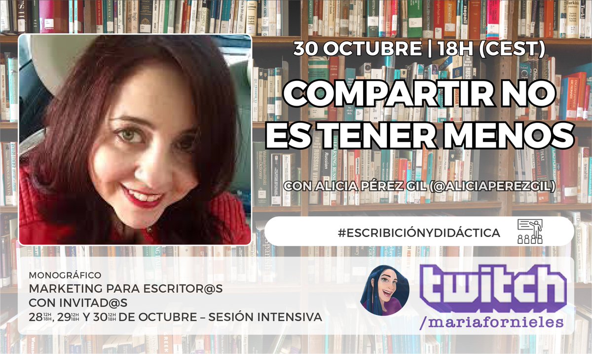El 30 de octubre a las 18h cerramos el ciclo con Alicia Pérez Gil @aliciaperezgil

Aprenderemos la importancia de ayudar a otros como medio para conseguir nuestras propias metas.

🟪 El hashtag que usaremos será  #EscribiciónYDidáctica