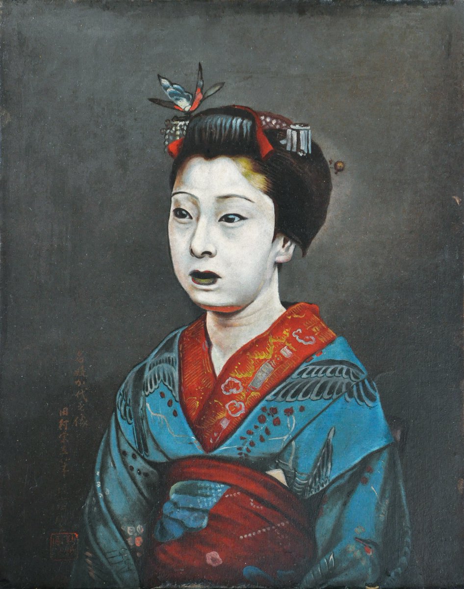 kyoto_bunpaku's tweet photo. 特別展「舞妓モダン」で紹介している作品のうち、田村宗立の《加代の像》(倉敷山田コレクション）は、ちょっと見た目が怖いかもしれません。でも、この絵のモデル江良加代は当時人気の売れっ子舞妓でした。木戸孝允や西園寺公望、伊藤博文にも贔屓にされた名妓なんです。 https://t.co/ajFdvZjO5R