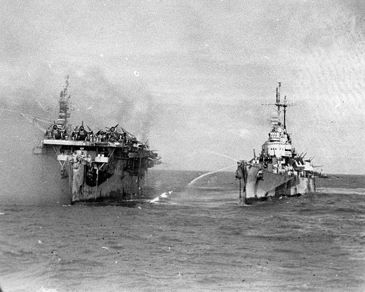During the battle, the light carrier USS Princeton was struck with a 250kg bomb, causing fires and explosions which the crew were unable to control. Princeton was the largest American ship lost at Leyte Gulf, and the only Independence class carrier sunk during the war.