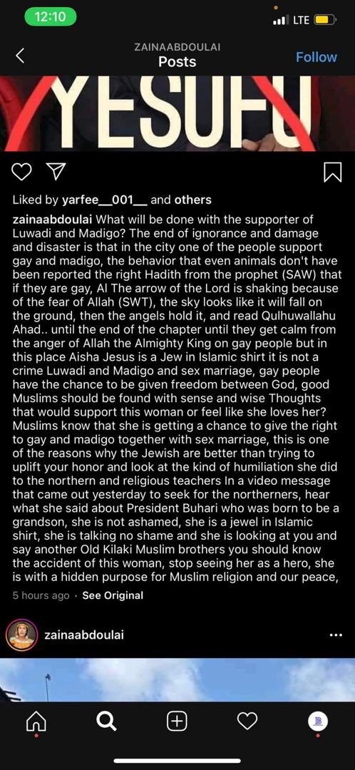 SaharaReporters's tweet photo. Buhari’s Fanatic, Zainab Abdullahi, Puts Up Instagram Post Calling On Northerners To Attack Rights Activist, Aisha Yesufu https://t.co/OpvQO44oWa