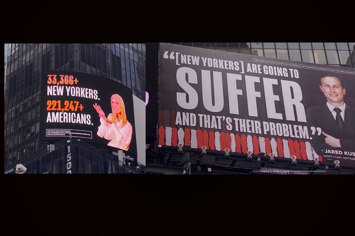 WesSmith123's tweet image. These billboards plastered around NYC by The Lincoln Project have Jared &amp;amp; Ivanka so upset they’re threatening to sue them. So we probably shouldn’t spread them around. Oops...my finger slipped. #FamiliesForBiden