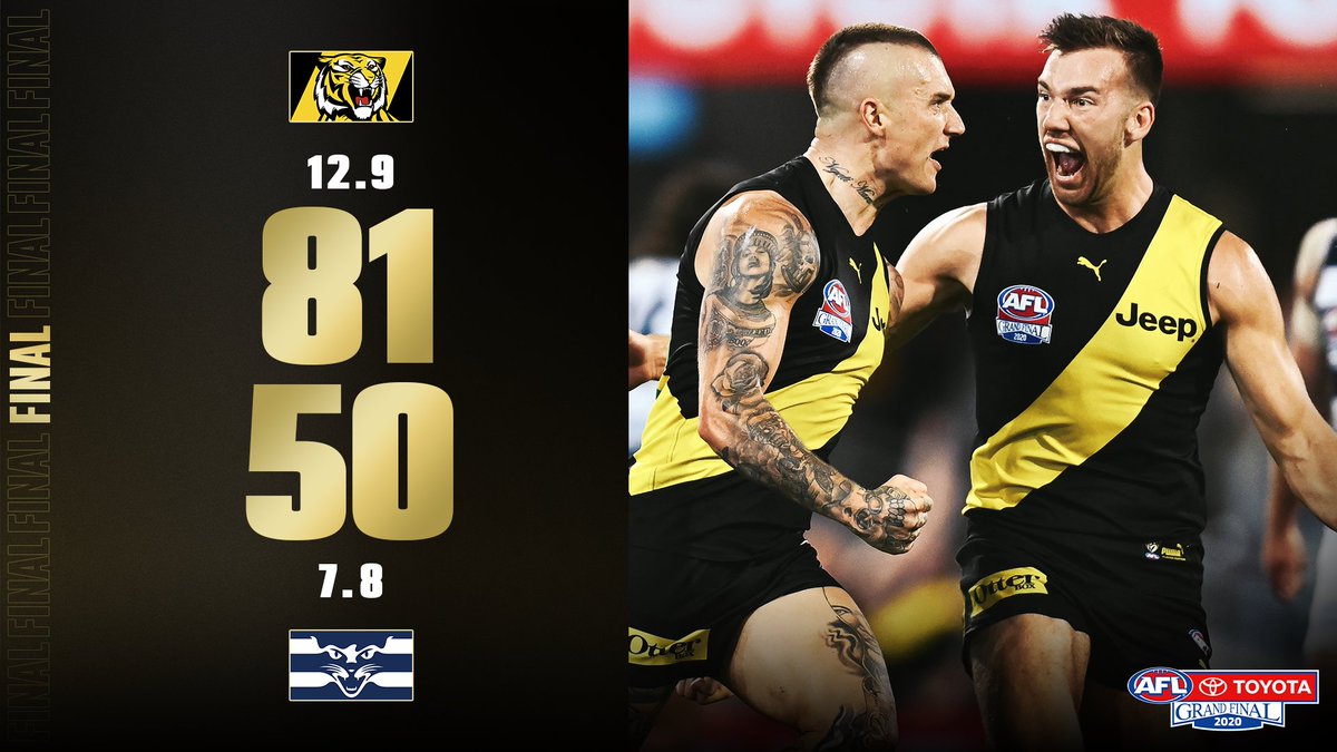 Four years, three flags.

The Tigers dynasty is here 🐯

Read the #AFLGF match report: afl.to/34s3iES