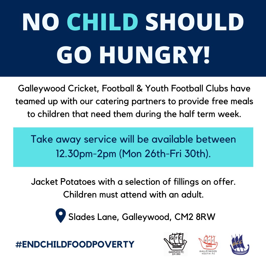 galleywood_cc's tweet photo. 1. We’ve teamed up with @GalleywoodFC @GalleywoodYouth &amp; our catering partners to provide free lunches to children that need them in the local area! 

No child should go hungry!#ENDCHILDFOODPOVERTY https://t.co/dD91R7V7RS