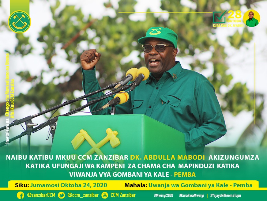 ccm_zanzibar's tweet photo. Naibu Katibu Mkuu wa CCM Zanzibar Dk Abdulla Juma Sadaalla akizungumza katika Mkutano wa kufunga Kampeni za Chama Cha Mapinduzi katika uwanja wa Gombani ya Kale, Pemba. 

#Mwinyi2020✅
#KuraKwaMwinyi
#YajayoNiNeemaTupu https://t.co/wM4et62GxB