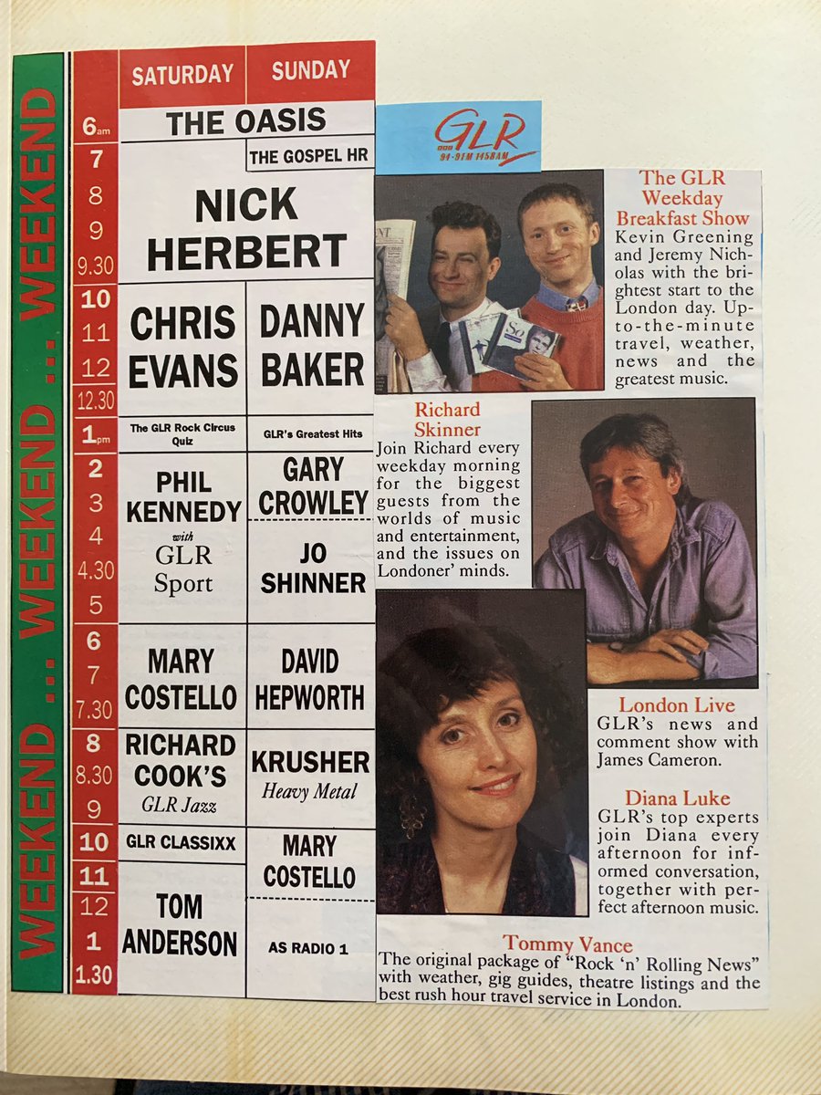 I went to university in September 1990, so my scrapbook project came to an end. I do have this, though, which I am guessing is a programme schedule from around 1991. Brian Hayes popped up from LBC. Richard Skinner replaced Johnny Walker and Kevin Greening was on breakfasts: