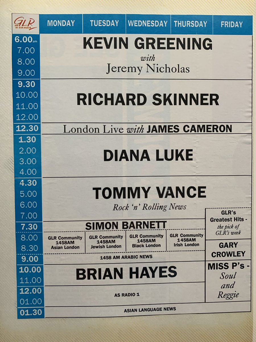 I went to university in September 1990, so my scrapbook project came to an end. I do have this, though, which I am guessing is a programme schedule from around 1991. Brian Hayes popped up from LBC. Richard Skinner replaced Johnny Walker and Kevin Greening was on breakfasts:
