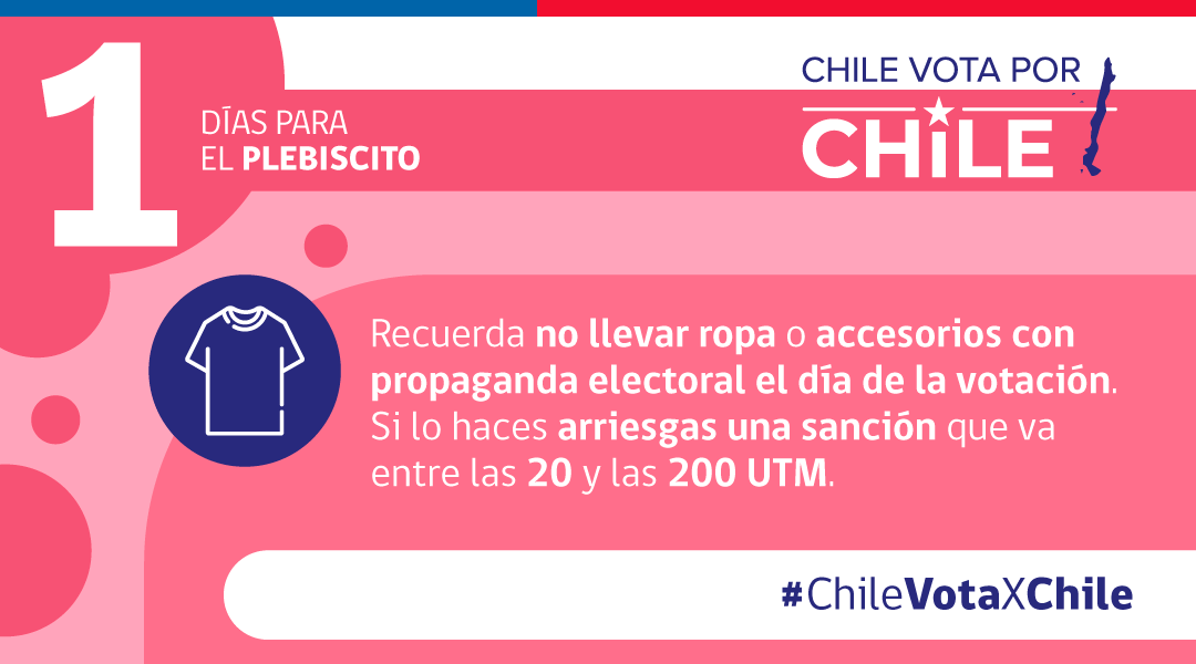 DPPCapitanPrat's tweet photo. ¡Queda un día para el #Plebiscito2020!
Este domingo 25 de octubre #ChileVotaXChile por lo que te recordamos no llevar ropa o accesorios con propaganda electoral. 

📌 Revisa lugar y mesa de votación aquí https://t.co/pFdV8DRIgk https://t.co/Mp9YArEJLA