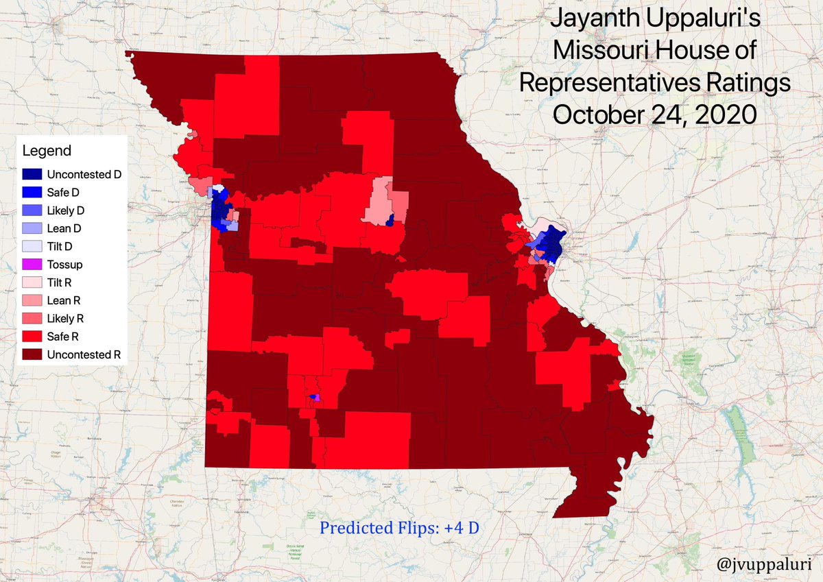 Well it's been a long time since I made a map, but here y'all go! These are my personal ratings for the Missouri legislature with as few tossups as possible, based on candidate quality, fundraising, some election results, voting histories, and my own personal thoughts.