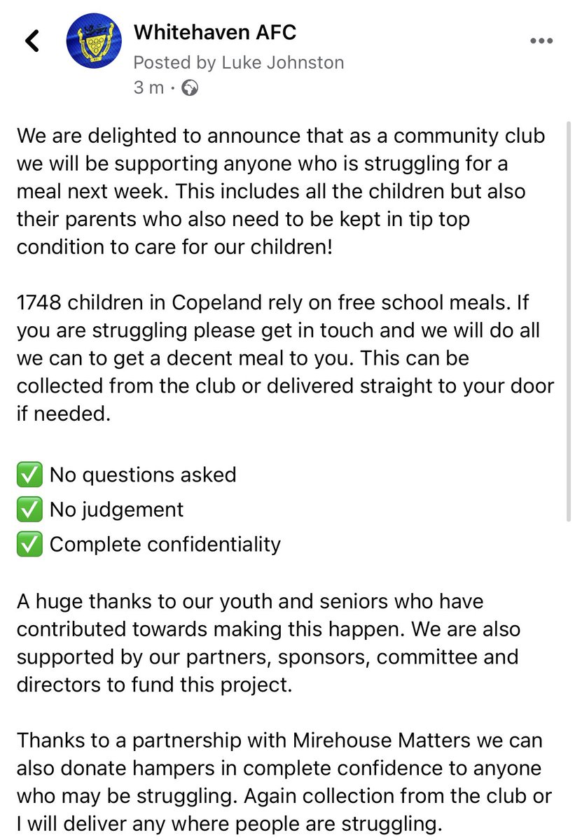 whitehavenafc's tweet image. Very pleased to announce that with the support of both our youth and seniors in addition to our coaches, committee, directors and local businesses we will be offering a community food project for next week and lunching our food bank donation point for Christmas early.