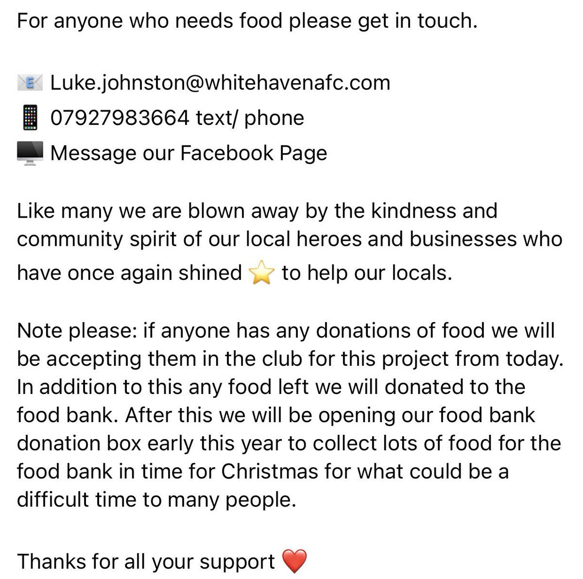 whitehavenafc's tweet image. Very pleased to announce that with the support of both our youth and seniors in addition to our coaches, committee, directors and local businesses we will be offering a community food project for next week and lunching our food bank donation point for Christmas early.