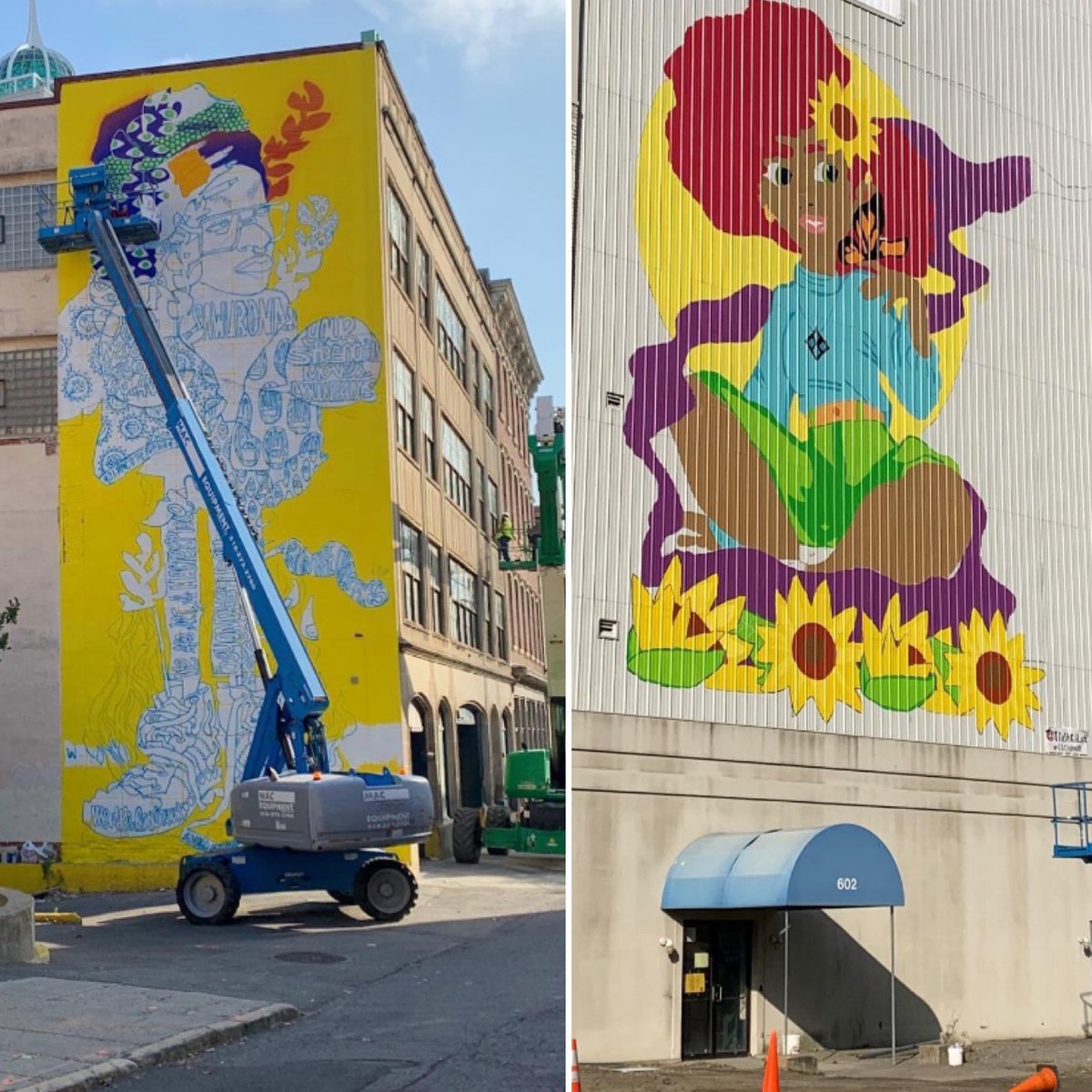 acgallery's tweet image. Progress photos of two #CapitalWalls murals!
Murals by artist duo BoogieREZ’s (@riiisaboogie  &amp;amp; Rezones), and Trashkid Art.
Collaboration with curator Tony Iadicicco, @AlbanyBarn and @AlbanyBID.
Sponsors: NYS Housing Trust Fund Corporation, the City Of Albany, Redburn Development