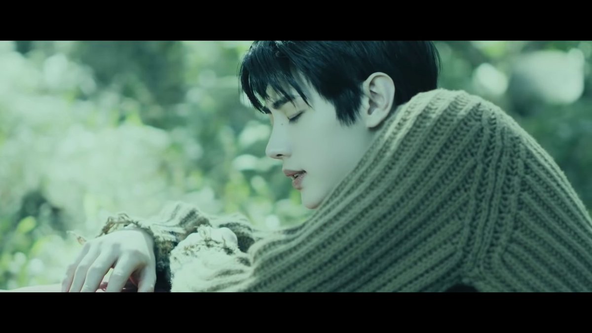 we then see sunghoon, who's also lying on the forest floor like the 2 before, but for him, it almost seems like he'd prepared for it- he has a red fabric (maybe a change of clothes?) underneath him. he seems serene. the first part of the music abruptly crescendoes and stops here.