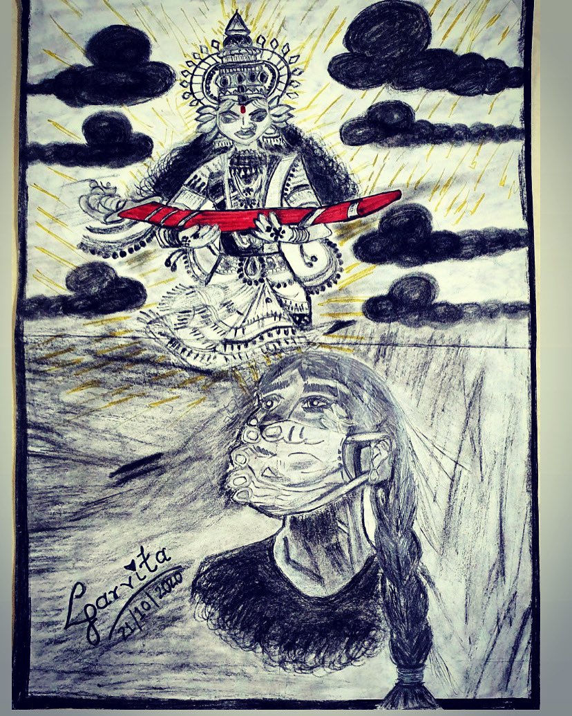 CGarvita's tweet photo. #Navratri, #festival of #divine #feminine - in #reverence to the #mother #goddess - may brings in #power , #light &amp; #hope to #one #and #all. This festival is #celebrated as the #victory of #good #over #evil . I made an #attempt to #illustrate this in my #sketch. #ShubhoAshtami https://t.co/QOl9uBr9T0