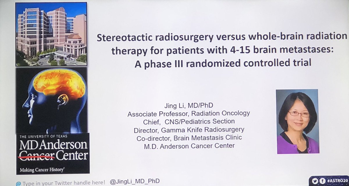 Onconnection4's tweet photo. Dr. Jing Li presents phase III randomized trial results!! SRS vs Whole-brain radiation for 4-15 metastasis. #ASTRO20 #btsm

= OS
✔️Better preservation of cognitive function

@oncorod https://t.co/Owa5v4gDau