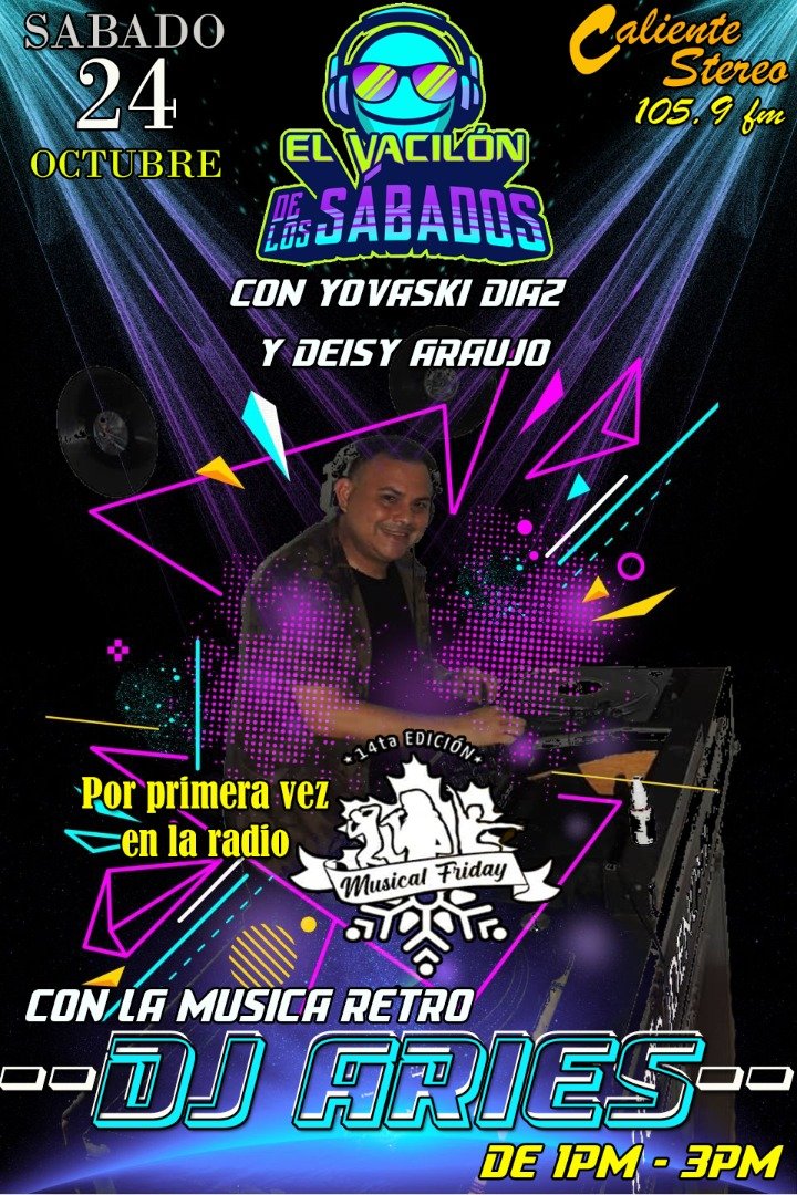 calientestereo's tweet photo. Este sábado sintonizanos de 1:00 Pm a 3:00 Pm... La entrevista de los estudiantes del IUTA en su evento "Musical Friday" y tendremos música retro con el Dj Aries de los 80-90 y mucha diversión... Premios de recarga.. @araujodeisy07 @jovaskidiaz1979 https://t.co/lMSHv8fJTo