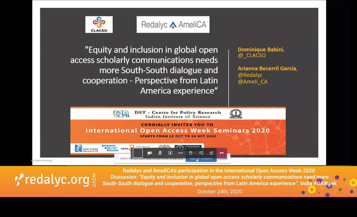 Redalyc's tweet image. #Redalyc &amp;amp; @Ameli_CA participate at the International Open Access Week India 2020 &quot;Equity and inclusion in global open access scholarly communications need more South-South dialogue and cooperation; perspective from Latin America experience&quot; @DSTCPRIISc #OAWeek2020