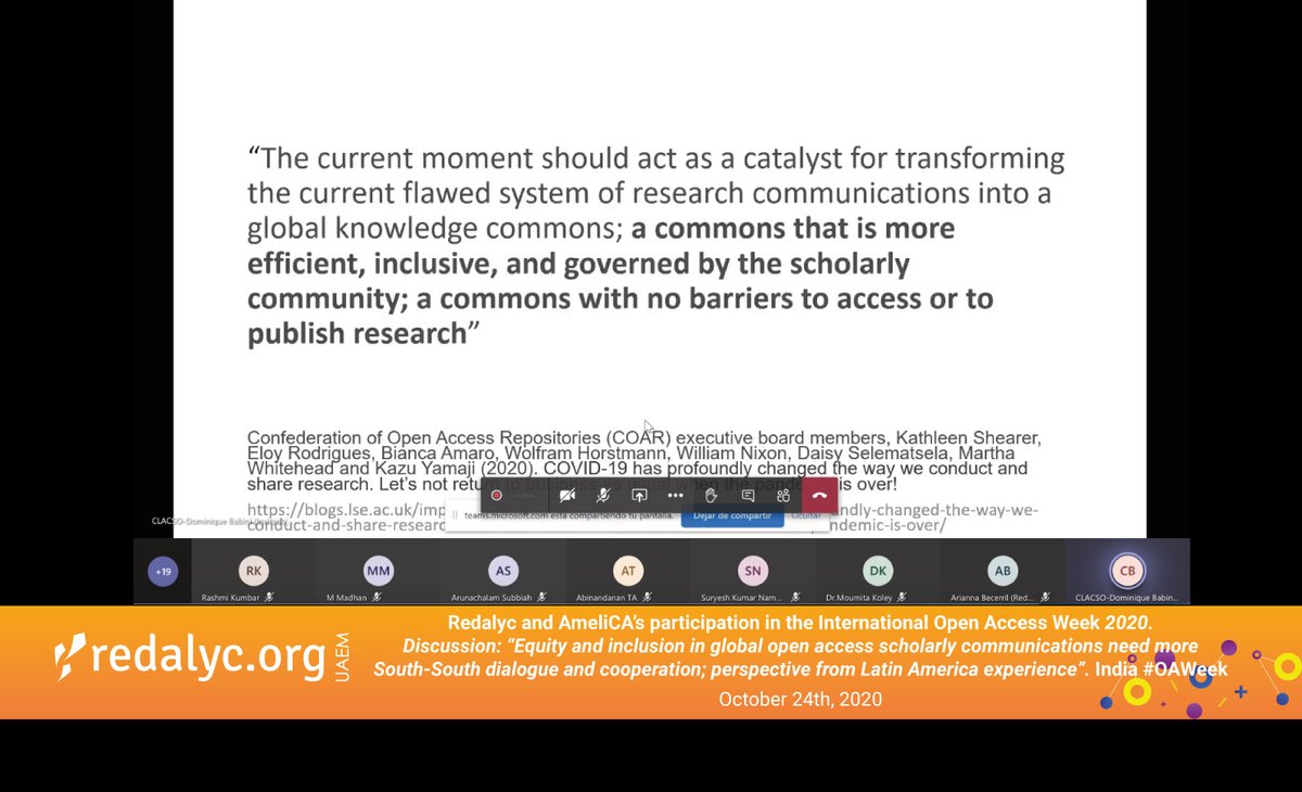 Redalyc's tweet image. #Redalyc &amp;amp; @Ameli_CA participate at the International Open Access Week India 2020 &quot;Equity and inclusion in global open access scholarly communications need more South-South dialogue and cooperation; perspective from Latin America experience&quot; @DSTCPRIISc #OAWeek2020