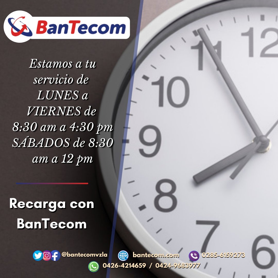 GrupoAvilaCash's tweet photo. #Bantecom te invita a mantenerte comunicado!
Recarga con nosotros también los #SÁBADOS HASTA LAS 12!
Somos tu servicio de #recargadirecta #Movistar #Movilnet y #Digitel
Síguenos en nuestras redes como @Bantecomvzla
Visita https://t.co/Lwx7MBWxeN
#24deOctubre https://t.co/XFIZUJWh9j