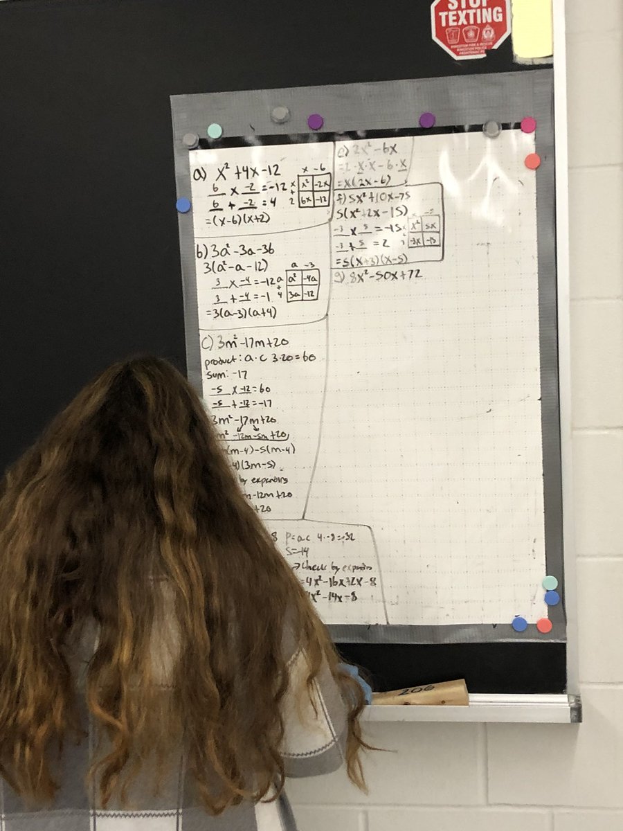 GoslinK123's tweet photo. Earlier this week students learned to factor. We started with algebra tiles, moved to area model diagrams and some moved to decomposition as their mainstay. Awesome work team! #lsspride #ldsb #ldsbmath #mtbos #vnps #factoring #concretenessfading #ygk https://t.co/JUoxwngy6j