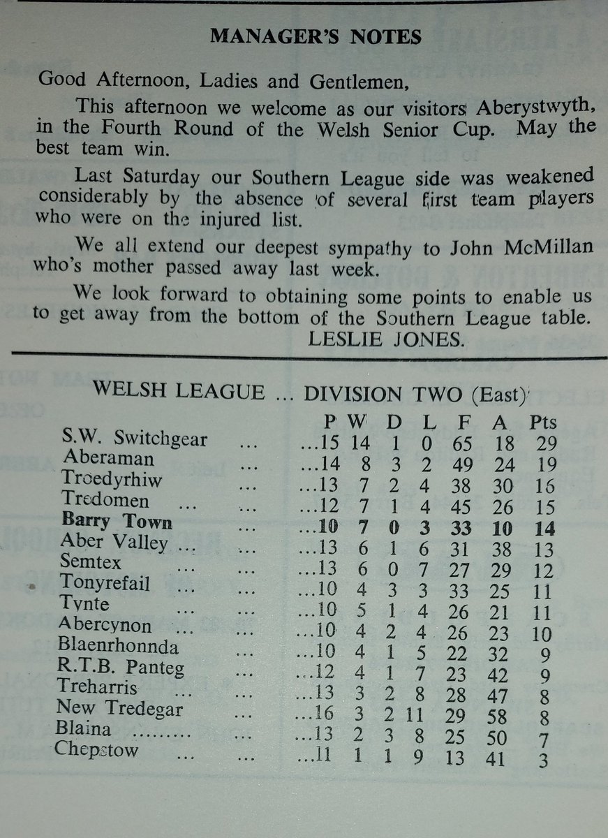 markjones45sw's tweet image. Taken from my latest Programme purchase. 
And an interesting @WelshLeague table from 1963 
Look how many clubs have fallen by the wayside 
Were semtex a Brynmawr club? 
S.w switchgear proudly top