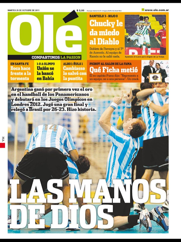 24 de octubre de 2011 ... felicidad eterna 🇦🇷❤ Argentina campeón "Juegos Panamericanos Guadalajara 2011" #Handball 🥇 <a href="/DiarioOle/">Diario Olé</a> <a href="/CAHandball/">Sel. Argentina Handball 🇦🇷</a>